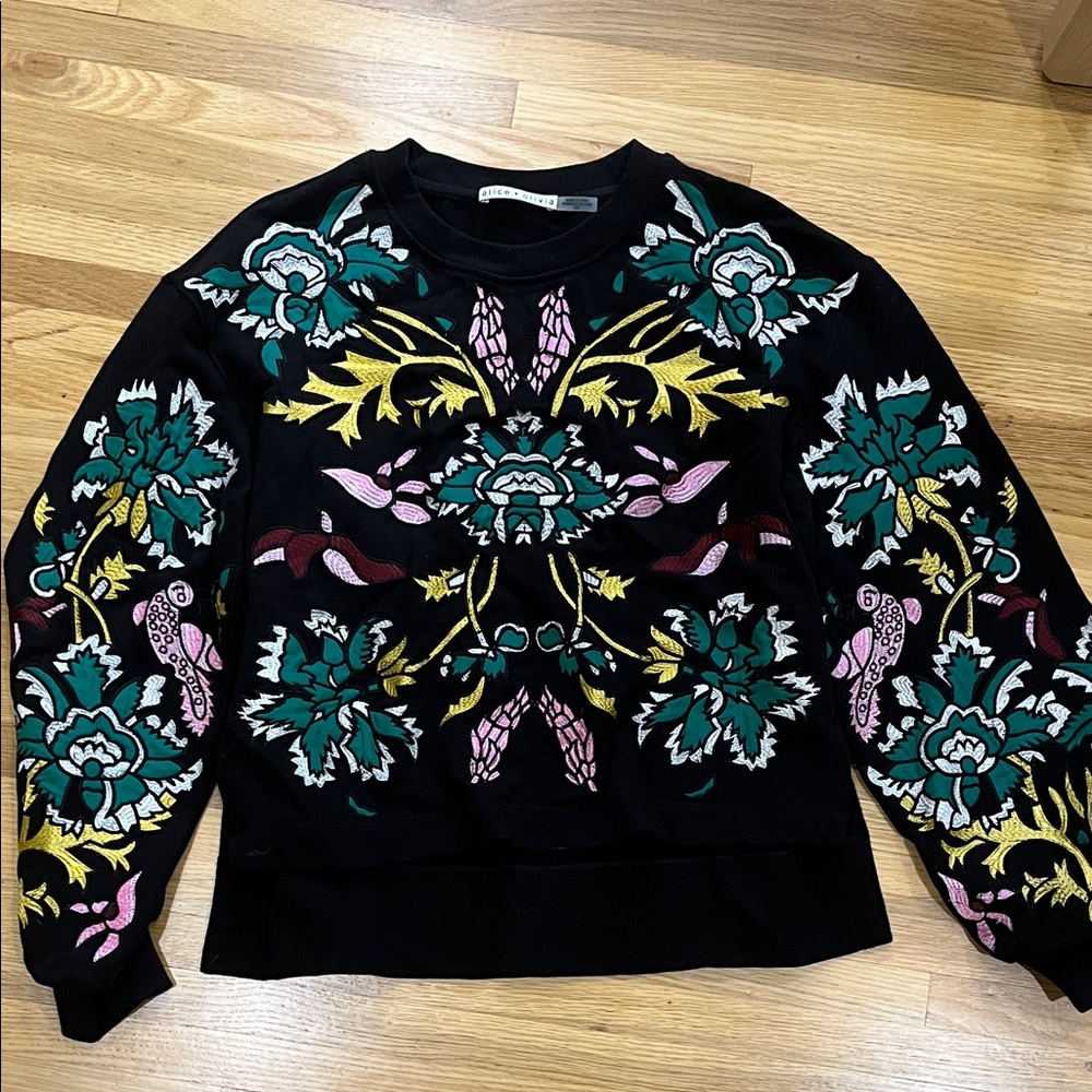 Alice + Olivia Black Sweater with Floral Embroidery